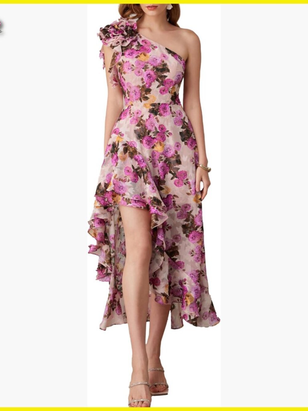One Shoulder Floral Maxi Dress Formal Wedding Guest Elegant Ruffle High Low